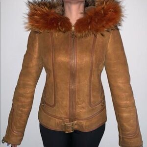 Women’s Tan Shearling-Trim Leather Jacket - Tan
